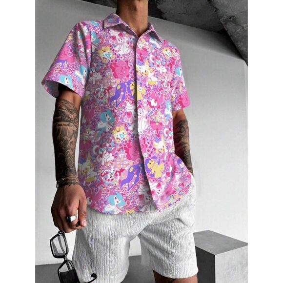 Pokemon Go Pink & Purple Fairy Type Men's Button  up Hawaiian Shirt, S, M, L, XL - Picture 1 of 7